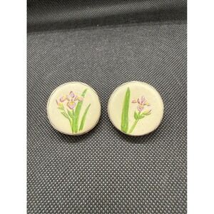 E Hunt Studio Ceramic Hand Painted Iris Flower Stud Button Earrings Vintage Art
